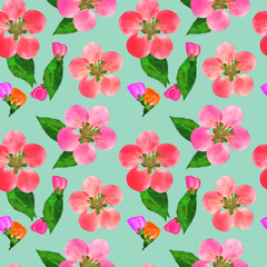 Quince, apple quince. Illustration, texture of flowers. Seamless pattern for continuous replication. Floral background, photo collage for textile, cotton fabric. For use in wallpaper, covers