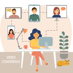 A woman working with her colleagues on the internet. Video conference and online meeting workspace concept vector illustration. Work from home idea. People on computer screen talking with their team.