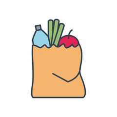 bag with grocery products icon, line and fill style