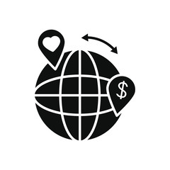 charity and donation concept, global sphere and location pins with heart and money symbol, silhouette style