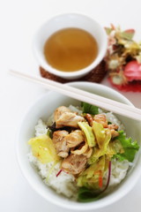 Chinese food, chicken and cabbage stir fried on rice for lunch