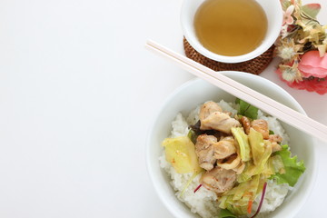 Chinese food, chicken and cabbage stir fried on rice for lunch
