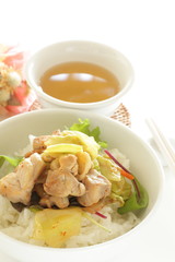Chinese food, chicken and cabbage stir fried on rice for lunch