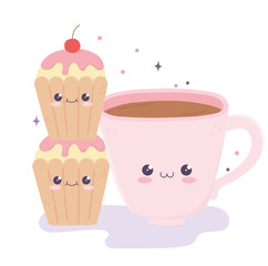 cute coffee cup and cupcakes kawaii cartoon character