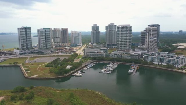 4K Aerial view of Modern mix development building near lakeside. Iskandar Puteri, Johor Bahru