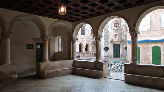 Square of Antun and Stjepan Radic seen from Revelin Tower musem in Korcula old town, Croatia
