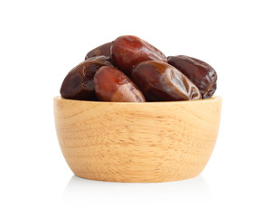 Date plam in wooden bowl isolated on white blackground, Food healthy concept