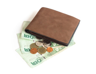 Men bag with thai banknotes and coin isolated on white background