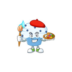 Artistic Artist of vanilla blue cupcake cartoon character painting with a brush