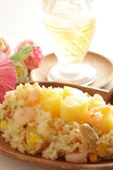 Chinese food, pineapple fried rice with copy space on white background