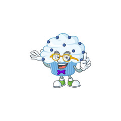 Cartoon character design of Geek vanilla blue cupcake wearing weird glasses