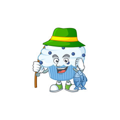 A Picture of vanilla blue cupcake fisher mascot design catch a fish