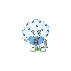 A vanilla blue cupcake waiter cartoon character ready to serve