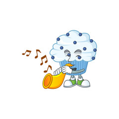 A brilliant musician of vanilla blue cupcake cartoon character playing a trumpet