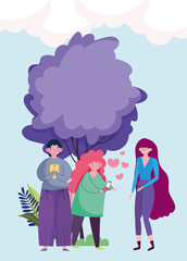 people and smartphone, couple using mobile and woman standing outdoor cartoon