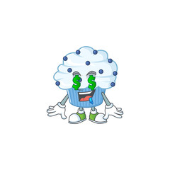 mascot character style of rich vanilla blue cupcake with money eyes
