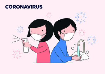 Coronavirus 2019-nCoV symptoms, healthcare and medicine infographic. Wearing mask to stop virus protect yourself washing hand with soap or alcohol gel. Vector illustrator.