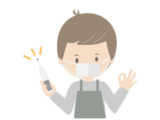 A male clerk posing OK with a thermometer