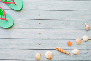 pineapple,sunglasses,watermelon,sea shell,flip flop and watermelon on wooden blue background with copy space, summer concept