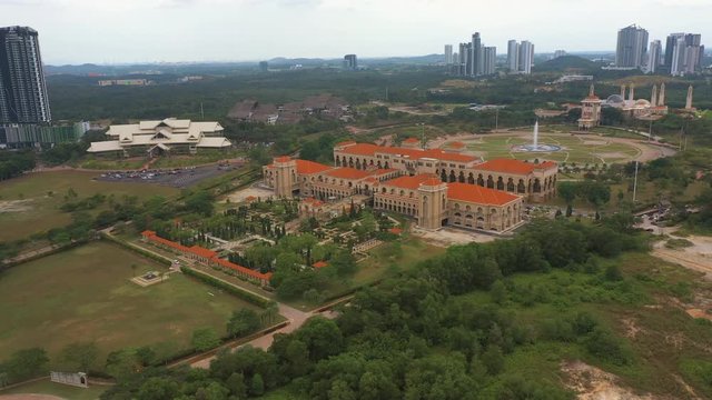 4K Aerial view of administrative building near lakeside. Iskandar Puteri, Johor Bahru