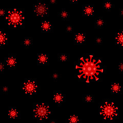 Fototapeta na wymiar repetitive background with red viruses. seamless pattern. COVID-19 coronavirus pandemic. vector illustration. color image. continuous print. design element for banner, ad, warning, post, social media