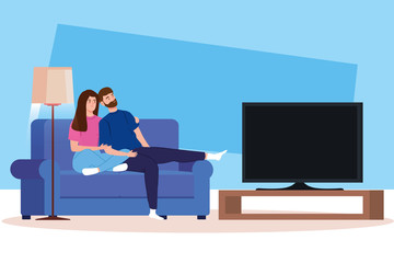 campaign stay at home with couple watching tv vector illustration design