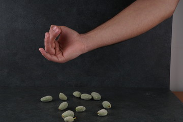 Raw fresh green almonds stock photo