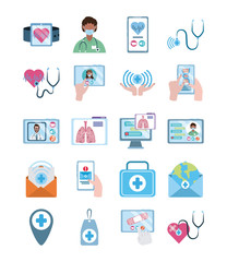 online doctor, physician technology consultant medical icons set, flat style icon
