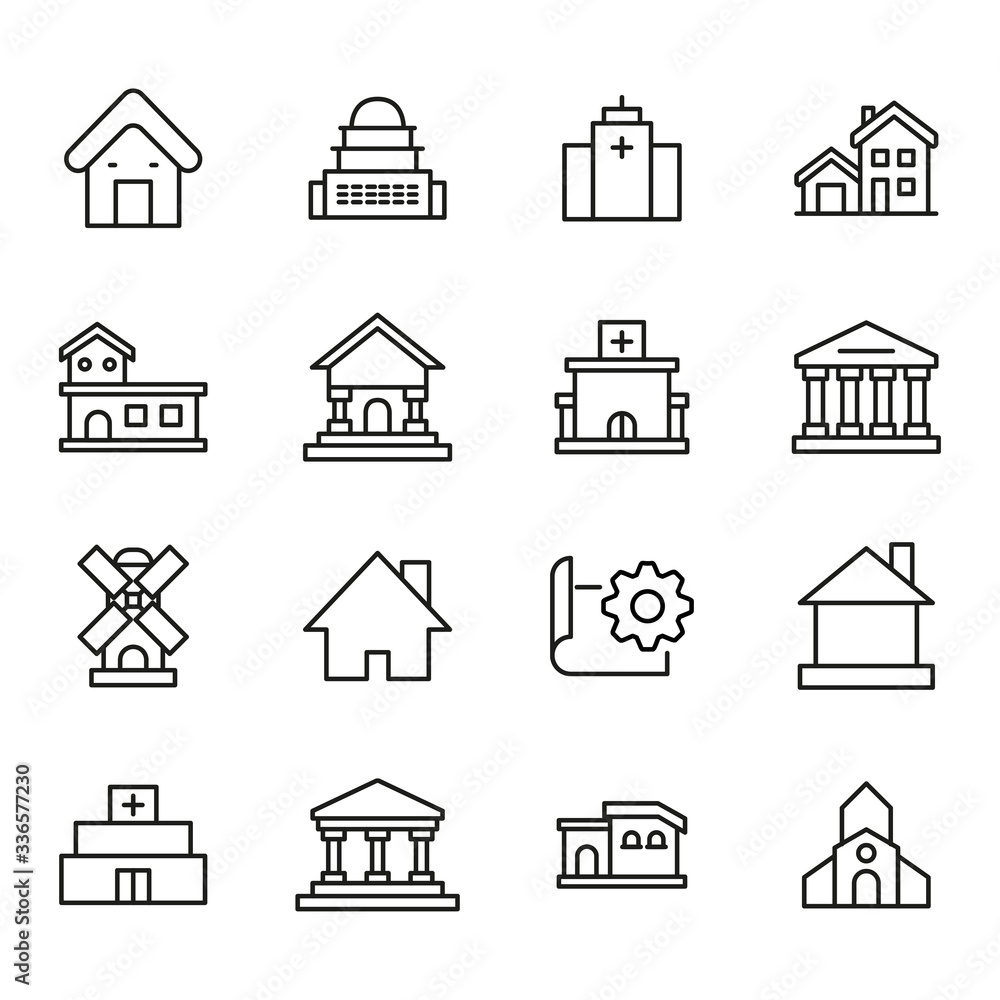 Poster big set of architecture line icons.
