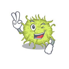 Happy bacteria coccus cartoon design concept with two fingers