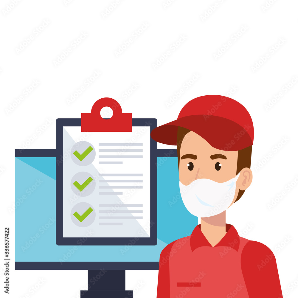 Poster delivery worker using face mask with checklist and computer vector illustration design