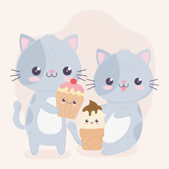 cute little cats with ice cream and cupcake kawaii cartoon character
