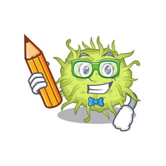 A brainy student bacteria coccus cartoon character with pencil and glasses