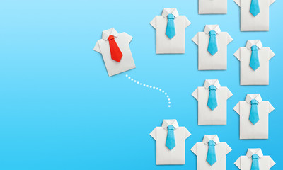 Different way to achieve the goal. Group of businessmen in shirt and ties on blue background. Copy space for text