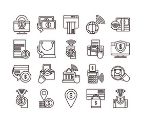 mobile banking shopping or payment market online, ecommerce icons set line and fill line style icon