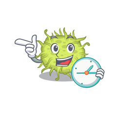 bacteria coccus mascot design concept smiling with clock