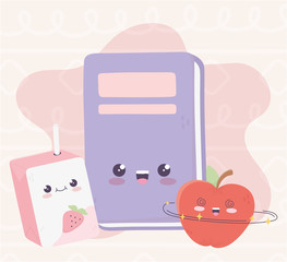 cute book apple and box juice kawaii cartoon character