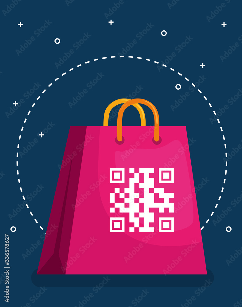 Poster qr code over shopping bag design of technology scan information business price communication barcode