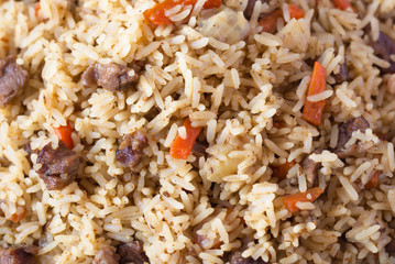 closeup pilaf, Uzbek dishes, oriental cuisine, dastarkhan