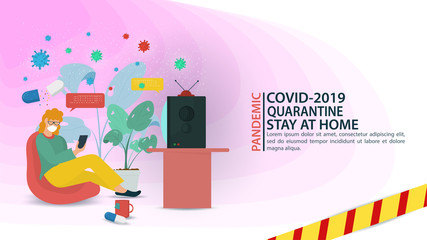 Fototapeta na wymiar banner little masked people sitting in a chair and watching TV in quarantine among COVID-2019 virus molecules 2019-nCoV flat vector illustration