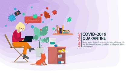 banner little masked people sitting on a chair with a laptop among drugs in quarantine among COVID-2019 virus molecules 2019-nCoV flat vector illustration