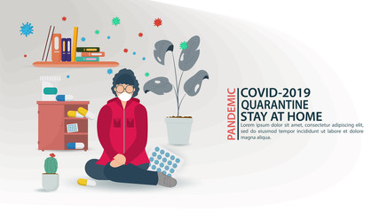 banner little masked people sitting on their knees on the floor among drugs in quarantine among COVID-2019 virus molecules 2019-nCoV flat vector illustration