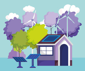 house solar panels turbine wind trees nature energy eco