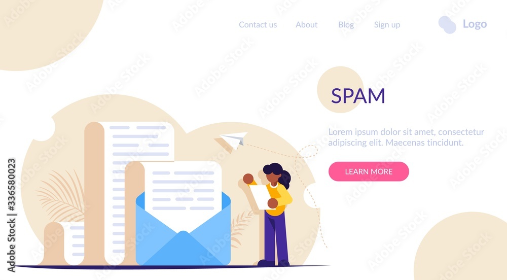 Poster spam or unwanted email. an envelope with a large paper document or an advertisement. people stands n