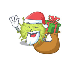 Cartoon design of bacteria coccus Santa with Christmas gift