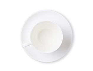 A white coffee cup placed on a saucer isolated on a white background. Top view and clipping path