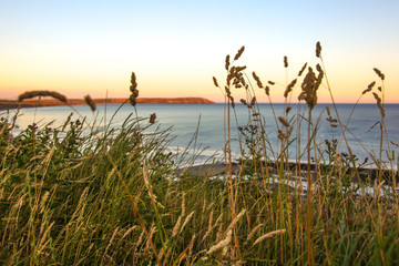 sunset on coastal cliff edge, beach, Hell's Mouth, Wales, UK