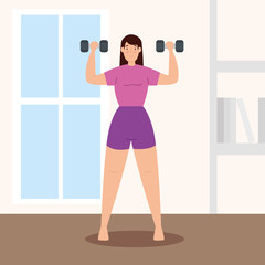 Fototapeta na wymiar woman lifting weights in the house vector illustration design