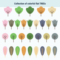 Collection of colorful flat trees different shape