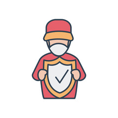 delivery man with mouthmask and shield with check symbol, line and fill style